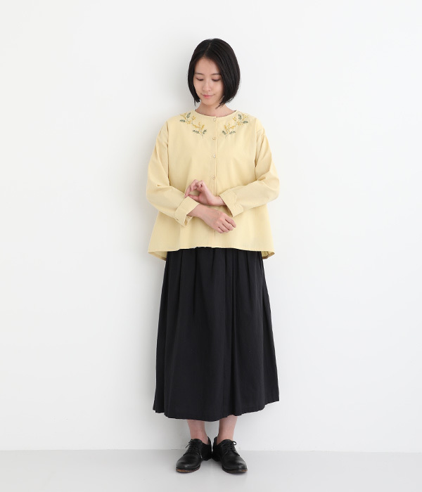 ミモザ刺繍 前開きブラウス(A・イエロー)