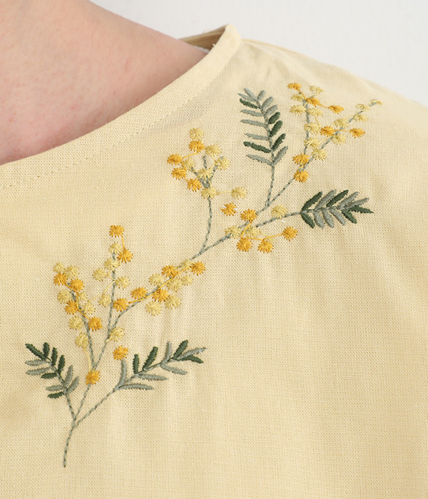 ミモザ刺繍 前開きブラウス(A・イエロー)