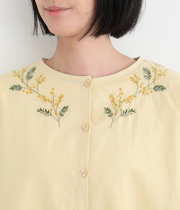 ミモザ刺繍 前開きブラウス(B・チャコール)