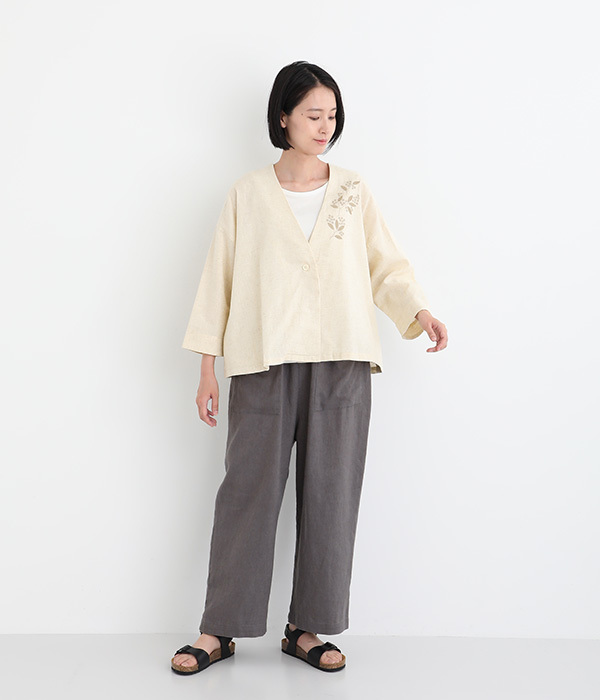 コットンリネン 配色刺繍入りショート丈ジャケット(A・ベージュ コットンリネン 配色刺繍入りショート丈ジャケット(A・ベージュ