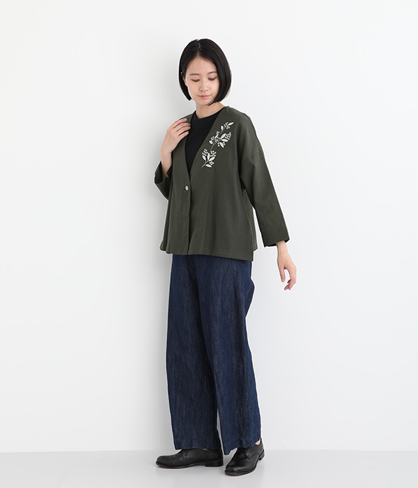 コットンリネン 配色刺繍入りショート丈ジャケット(B・チャコール)
