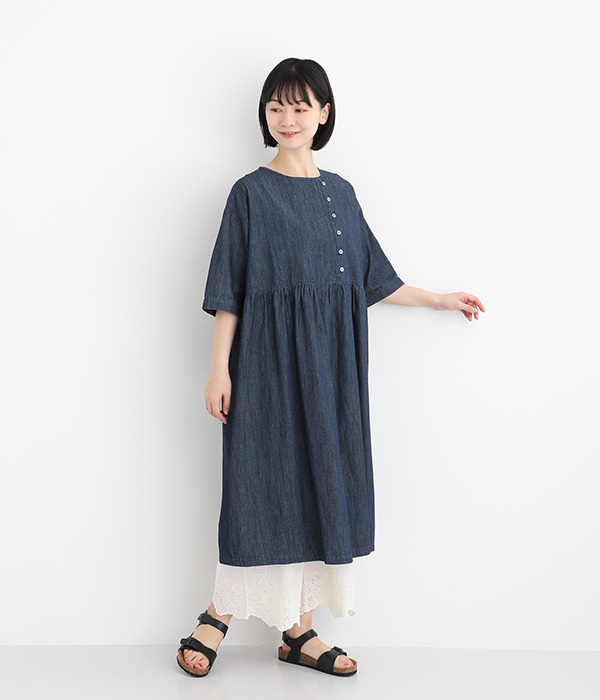 5ozインディゴデニム アシンメトリー開きワンピース(ネイビー)