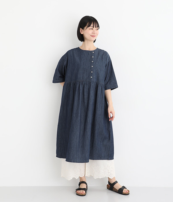 5ozインディゴデニム アシンメトリー開きワンピース(ネイビー)