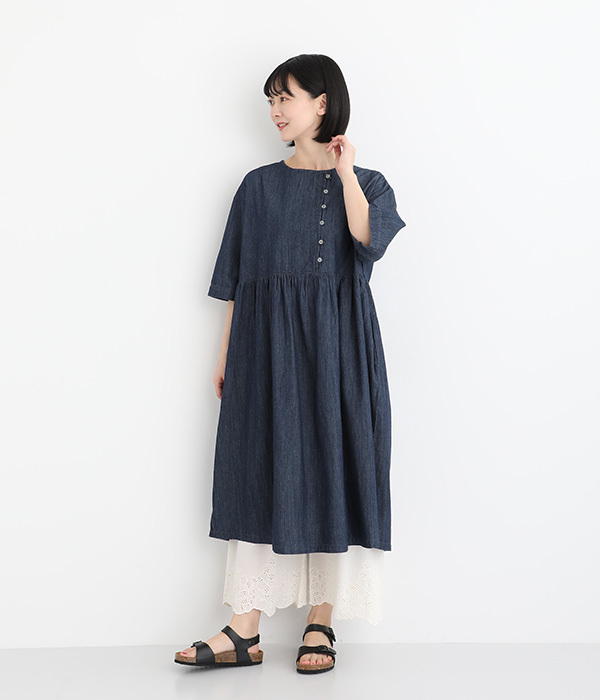 5ozインディゴデニム アシンメトリー開きワンピース(ネイビー)