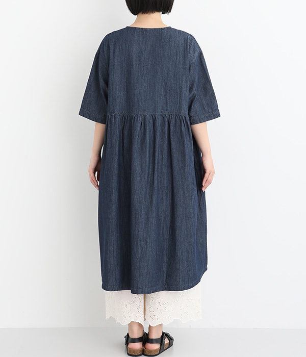5ozインディゴデニム アシンメトリー開きワンピース(ネイビー)