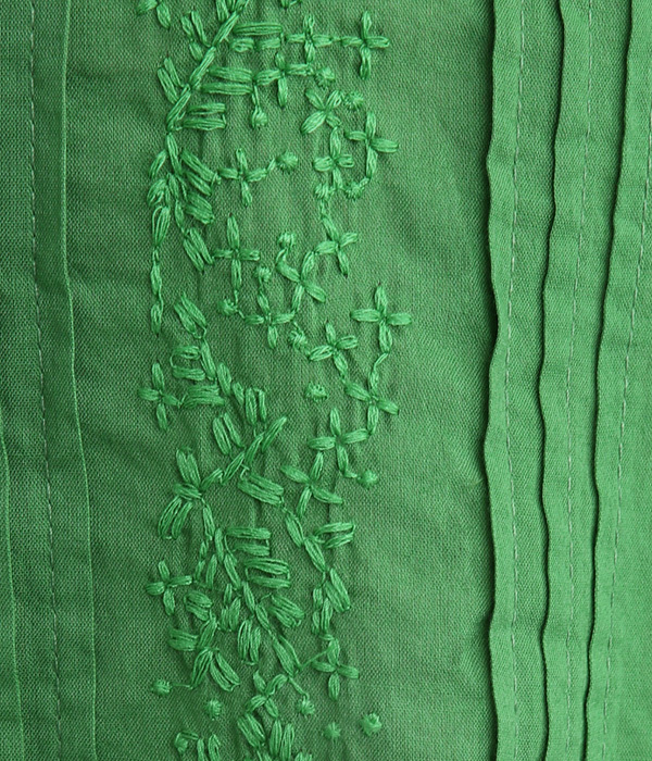 コットンボイルボタニカルモチーフ刺繍ピンタック前開きブラウス(B・グリーン)
