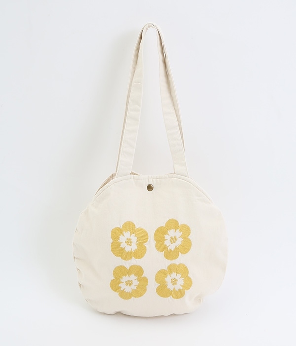 コットンリネンツイル　花刺繍　楕円形バッグ(A・アイボリー)