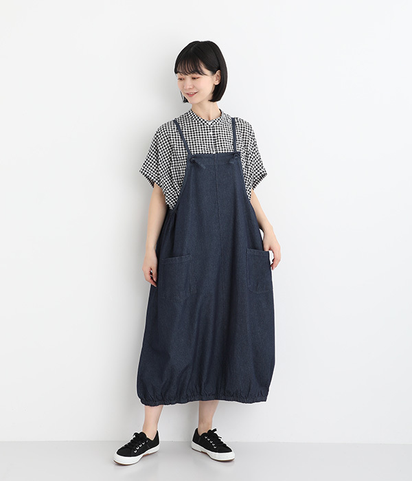 布帛デニム裾バルーンワンピースエプロン(A・デニムインディゴネイビー)