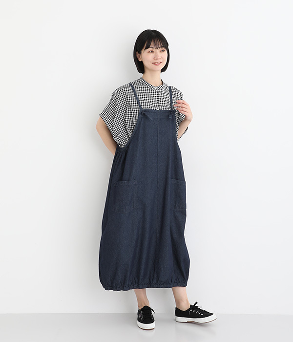 布帛デニム裾バルーンワンピースエプロン(A・デニムインディゴネイビー)