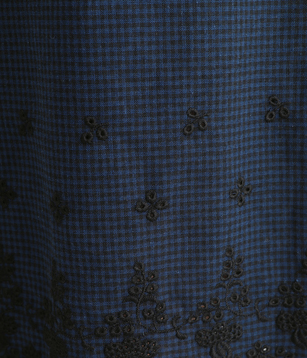 コットンリネンパネル刺繍チェックフレアパンツ(B・ミニギンガムチェック)