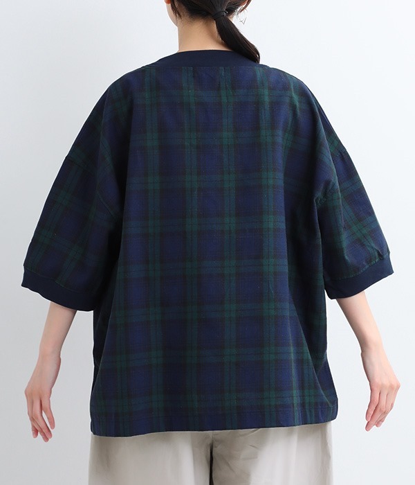 コットンリネンチェック　ワイドTシャツ(B・グリーン×ネイビー×ブラック)