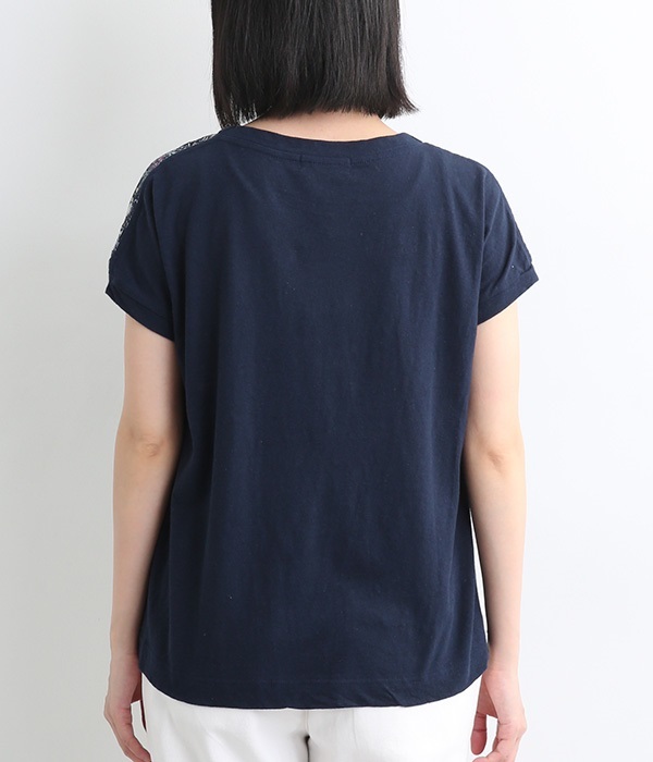 ムラ糸×ローンフラワープリントミナミシャツ(B・ネイビー)