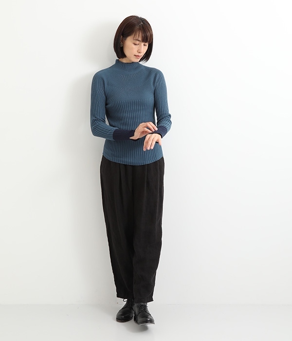 ホールガーメント　コットンリブ裾ラウンド袖配色プルオーバー(A・ブルー)