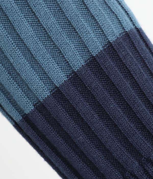 ホールガーメント　コットンリブ裾ラウンド袖配色プルオーバー(A・ブルー)