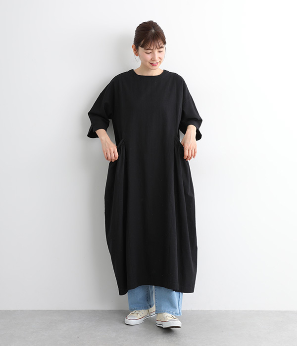 コットンリネン ギャザーポケットワンピース(B・ブラック)|ista コットンリネン ギャザーポケットワンピース(B・ブラック)|ista