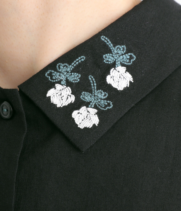 シロツメクサ刺繍6分袖シャツ(B・ブラック)