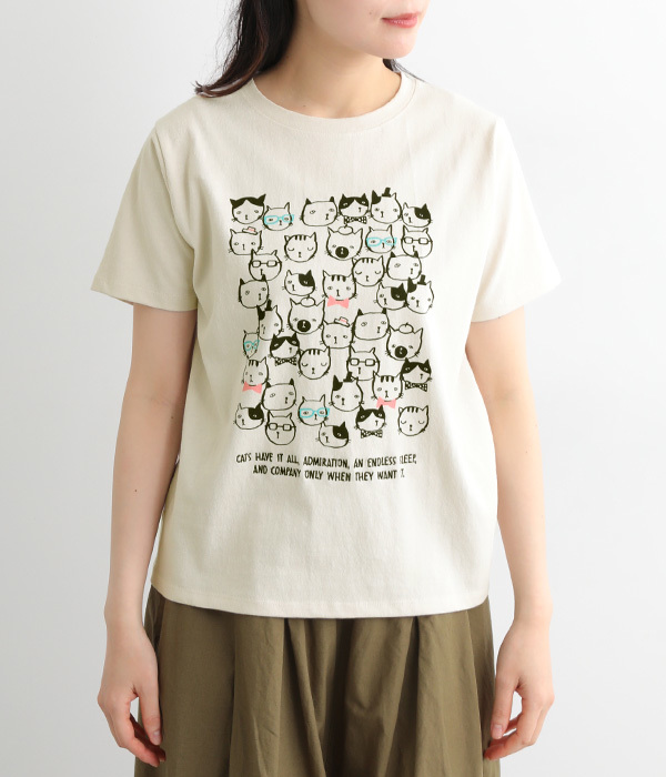 コットン天竺ぎっしりネコプリントTEE(A・ナチュラル)