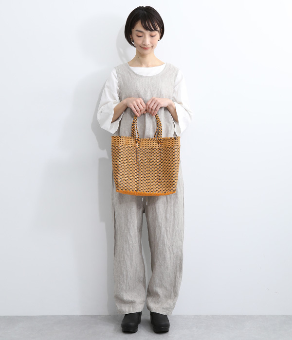 手編みのメルカドバッグ(M) 正方形(B・ストライプグリーン)