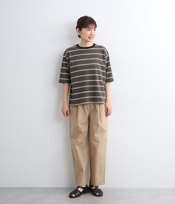 コットンクレセールボーダーミニスリットヘムTシャツ(B・チャコール)