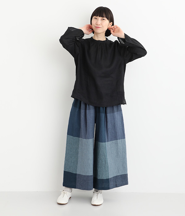 リネン先染めチェックワイドパンツ(C・ブラック)