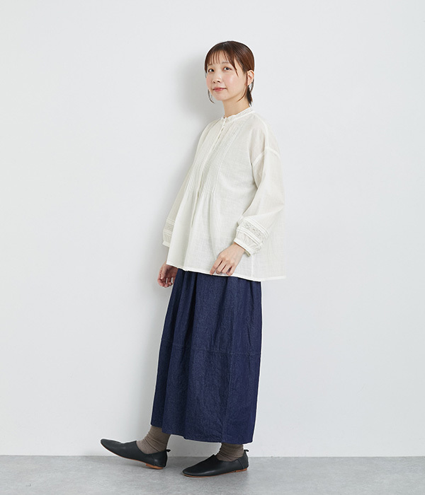 スラブガーゼレーシーピンタックブラウス(オフ)