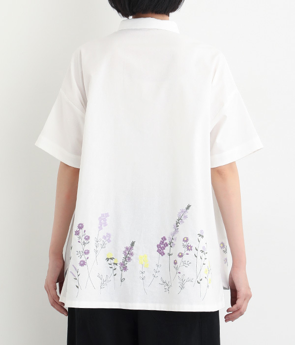 コットンリネン平織パーツ刺繍襟付きチュニックブラウス(A・オフ