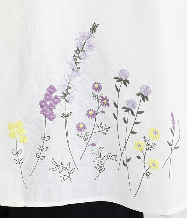 コットンリネン平織パーツ刺繍襟付きチュニックブラウス(A・オフ
