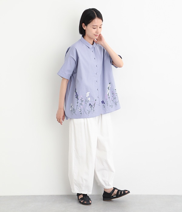 コットンリネン平織パーツ刺繍襟付きチュニックブラウス(C・ラベンダー)