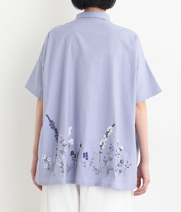 コットンリネン平織パーツ刺繍襟付きチュニックブラウス(C・ラベンダー)