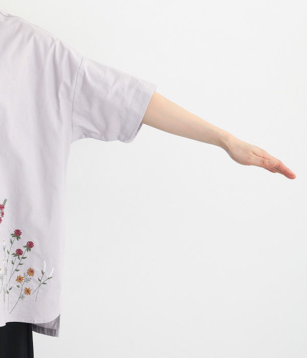 コットンリネン平織パーツ刺繍襟付きチュニックブラウス(C・ラベンダー)