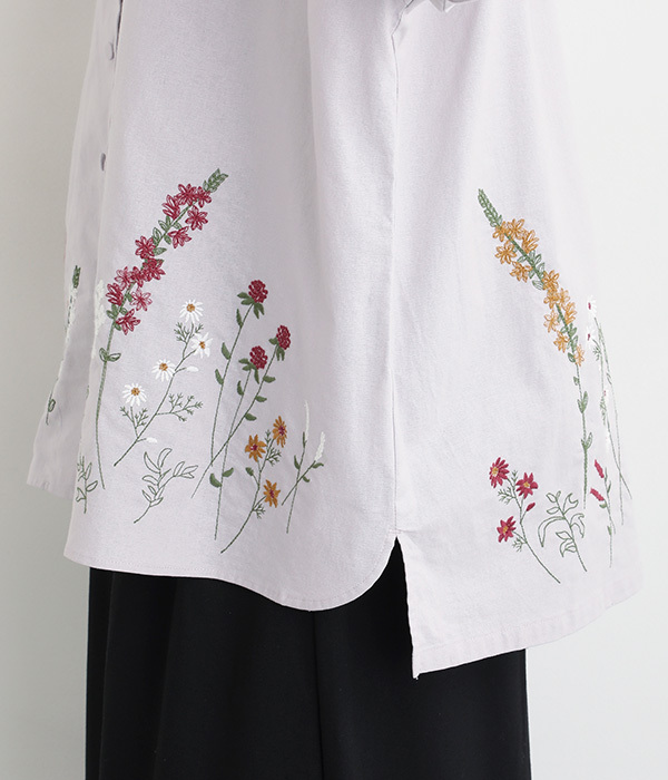 コットンリネン平織パーツ刺繍襟付きチュニックブラウス(C・ラベンダー)