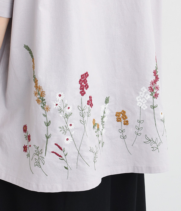 コットンリネン平織パーツ刺繍襟付きチュニックブラウス(C・ラベンダー)