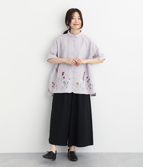 コットンリネン平織パーツ刺繍襟付きチュニックブラウス(C・ラベンダー)