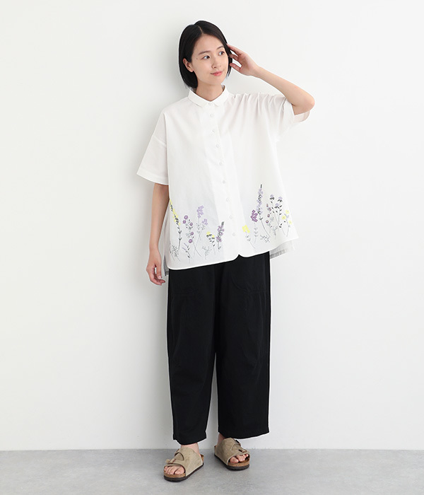 コットンリネン平織パーツ刺繍襟付きチュニックブラウス(C・ラベンダー)