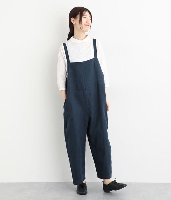 リネン平織オーバーオールパンツ(A・ダークネイビー)
