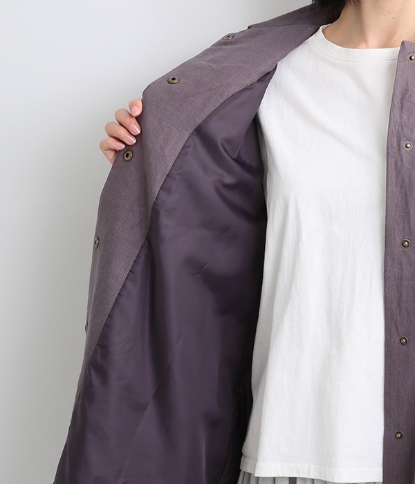 リネン平織裾刺繍中綿コート(A・グレイッシュパープル)