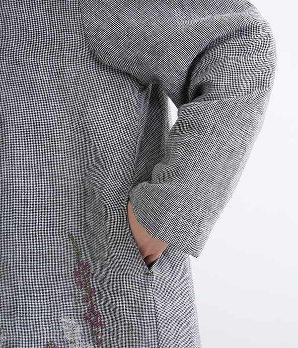 リネン平織裾刺繍中綿コート(A・グレイッシュパープル)