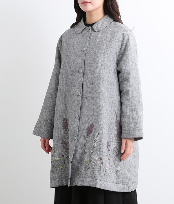 リネン平織裾刺繍中綿コート(B・千鳥格子)