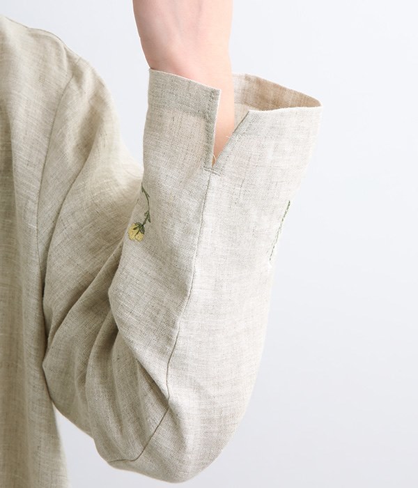リネン平織刺繍入りロングワンピース(C・千鳥格子)