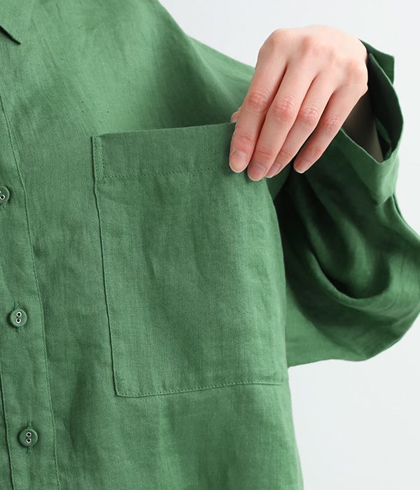 薄手リネン平織り　シャツ(C・グリーン)