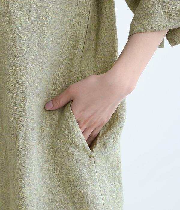 リネン多色織　ミニスタンド襟ワンピース(A・イエローグリーン)