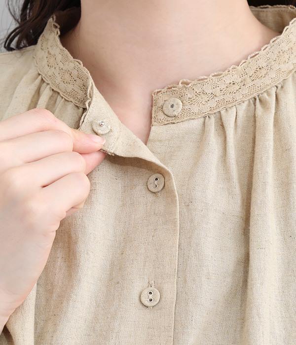 コットンリネン平織り　袖刺繍ブラウス(B・グレイッシュピンク)