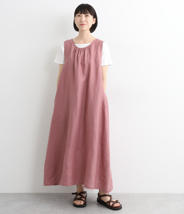 リネン平織り　ギャザージャンパースカート(A・グレイッシュピンク)