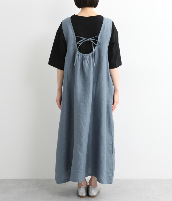 リネン平織り　ギャザージャンパースカート(B・グレイッシュブルー)