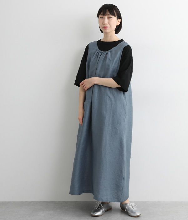 リネン平織り　ギャザージャンパースカート(C・ブラック)