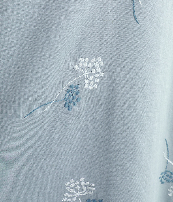 コットンリネン花刺繍　ノースリーブワンピース(B・グレイッシュブルー)