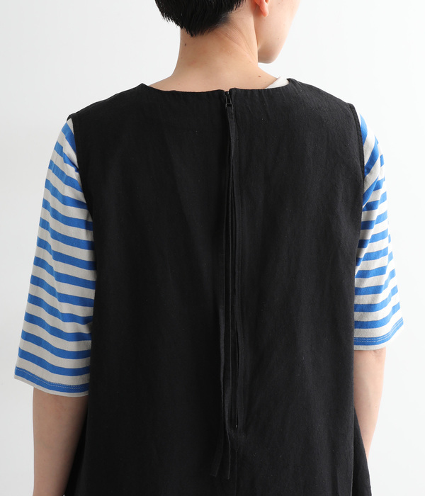 リネンコットン ワイドサロペットパンツ(A・ブラック)【再入荷