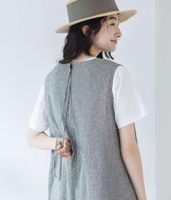 リネンコットン ワイドサロペットパンツ(B・ギンガム)