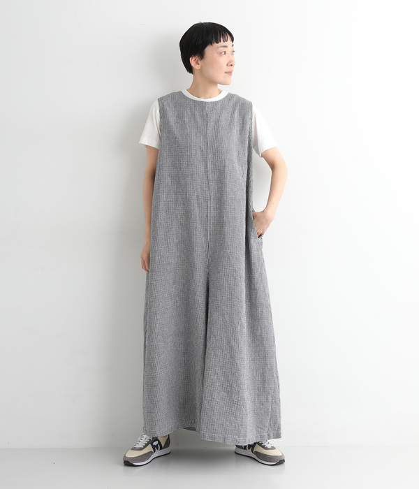 リネンコットン ワイドサロペットパンツ(B・ギンガム)