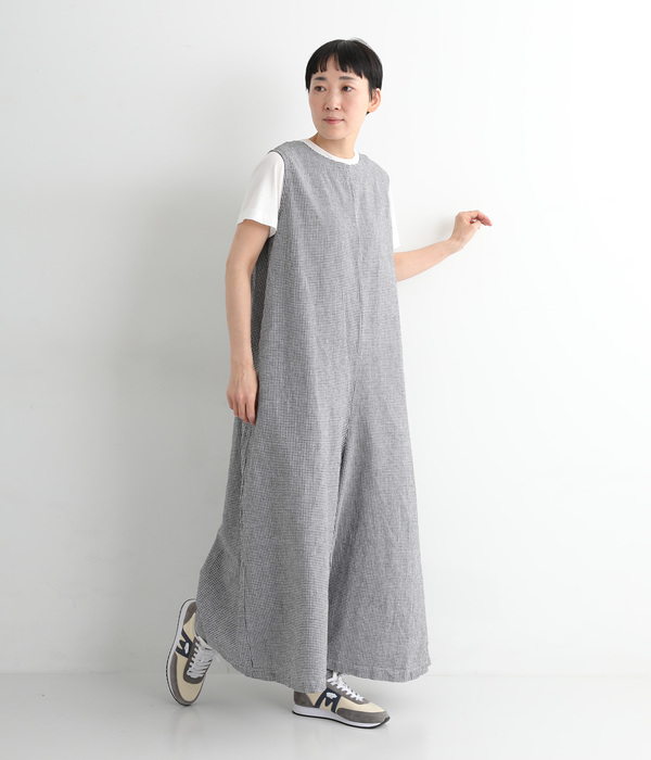 リネンコットン ワイドサロペットパンツ(B・ギンガム)